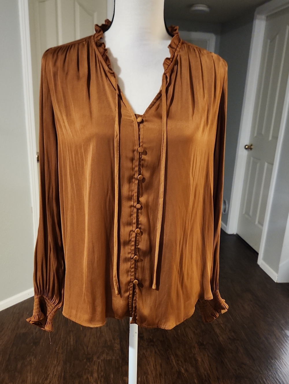 NWT Mine Silky Chocolate Ruffle Neck And Cuff Button Down Blouse With Neck Tie